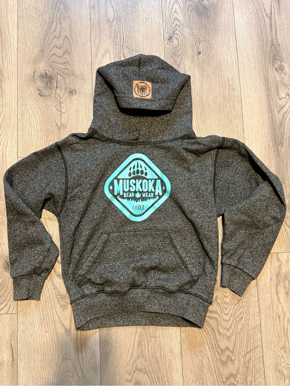 Muskoka Bear Wear Kids Charcoal Hoodie with Teal Logo